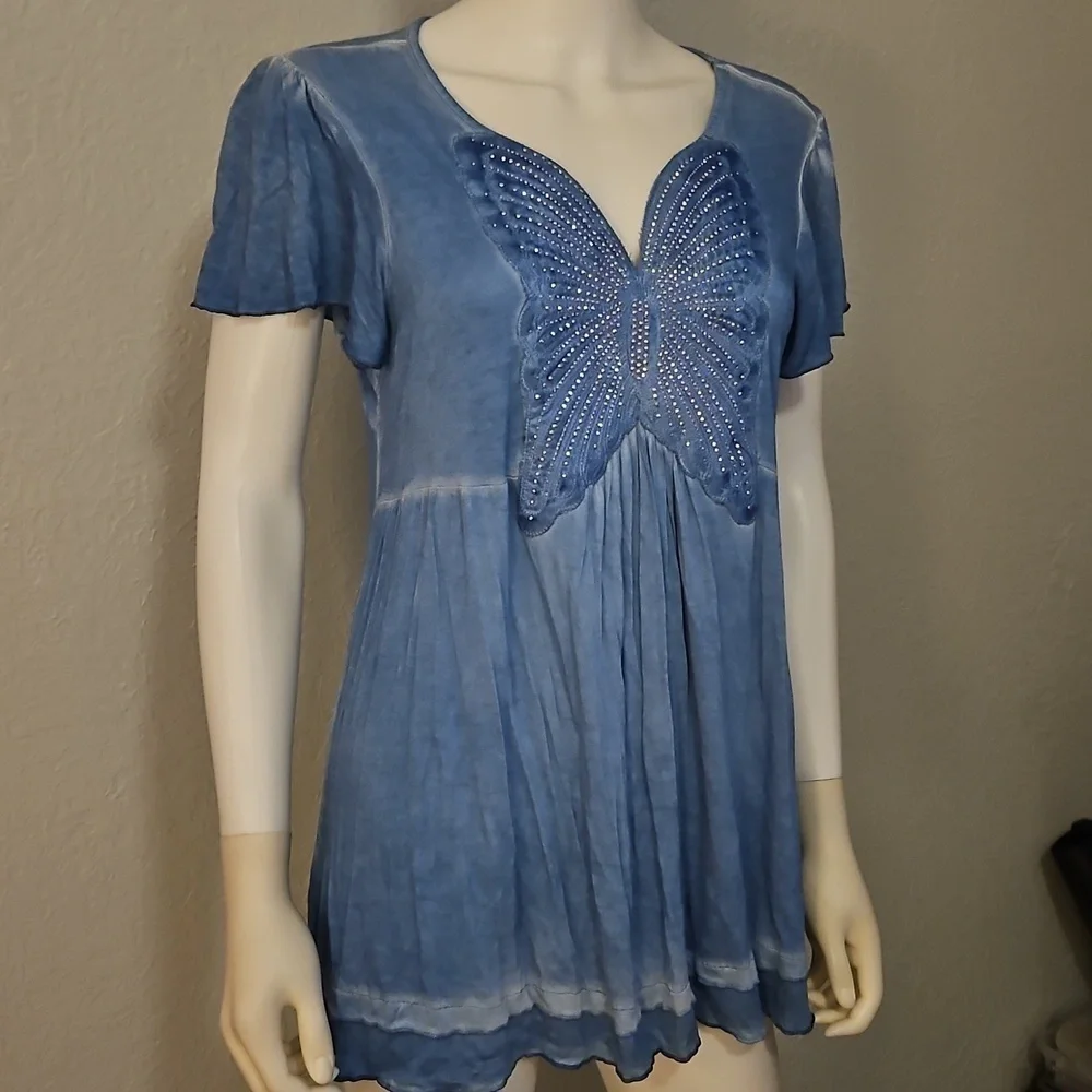 ONE WORLD Blue Embellished Butterfly Fairy Tunic Top